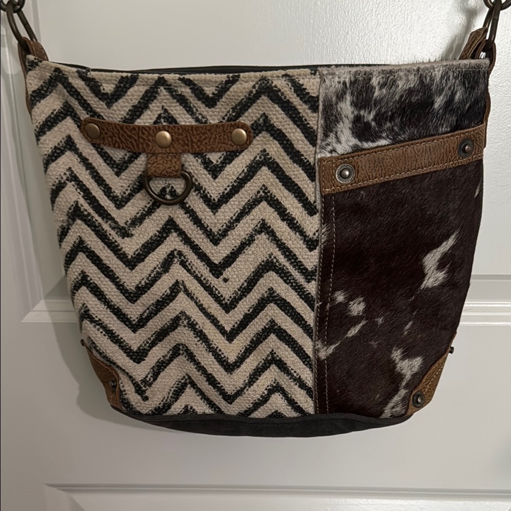 Myra Bag Charcoal gray and Brown Chevron Shoulder Bag